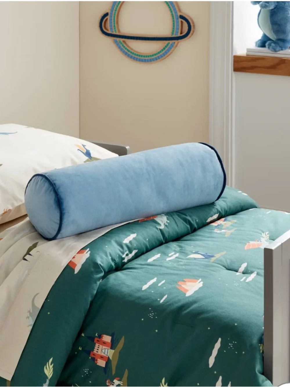Set of 2 Pillowfort Light Blue Velvet Bolsters with Dark Blue Piping